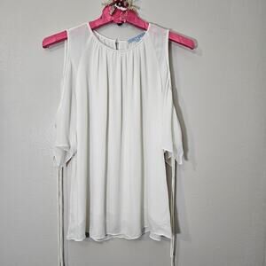 Antonio Milani 100% Silk Women L Peekaboo Shoulder Peasant Blouse Boho Ethereal